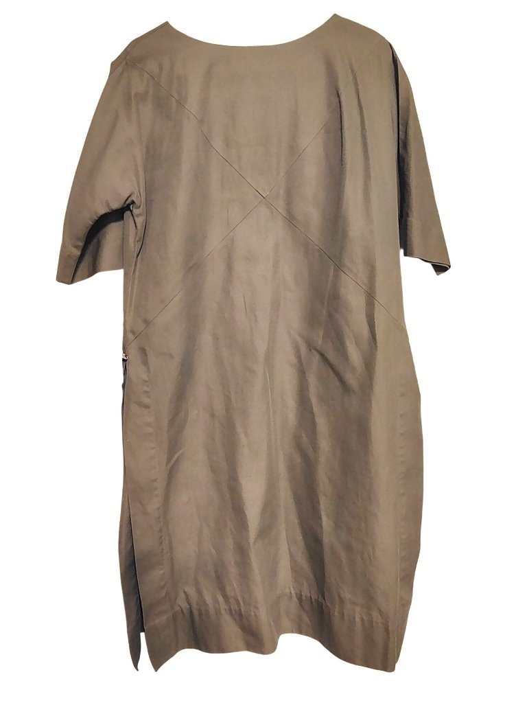 Vintage Waltah Clarke's Hawaiian Shop Khaki Medium Dress Side Slits Quiet Luxury